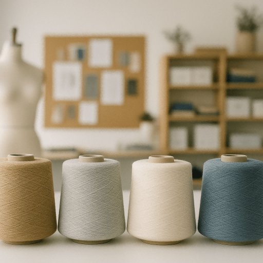Several skeins of different colored washable yarns, including merino wool and cotton blends.